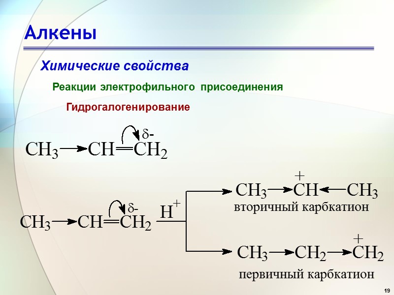 19 Алкены Химические свойства Реакции электрофильного присоединения  Гидрогалогенирование